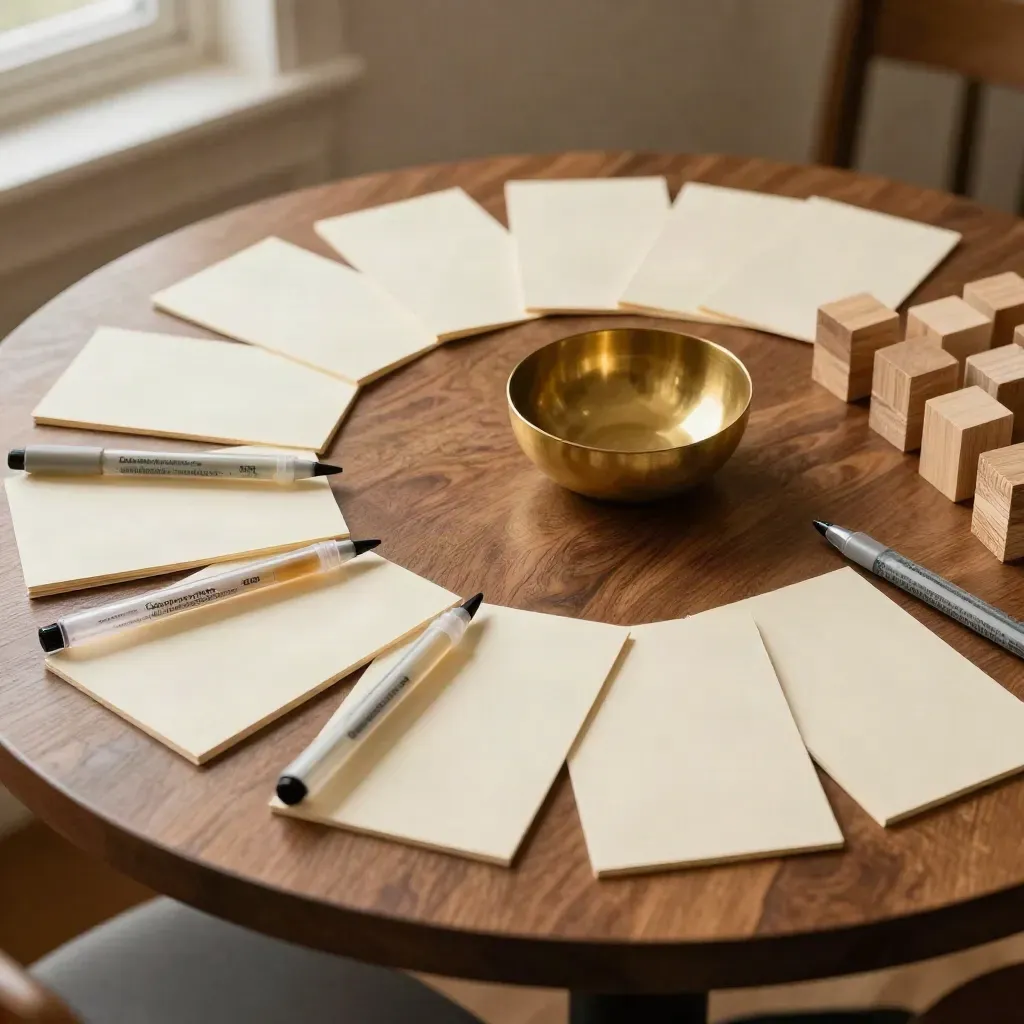 Overhead walnut workshop table with cards, glass markers, brass bowl and wooden goal blocks.