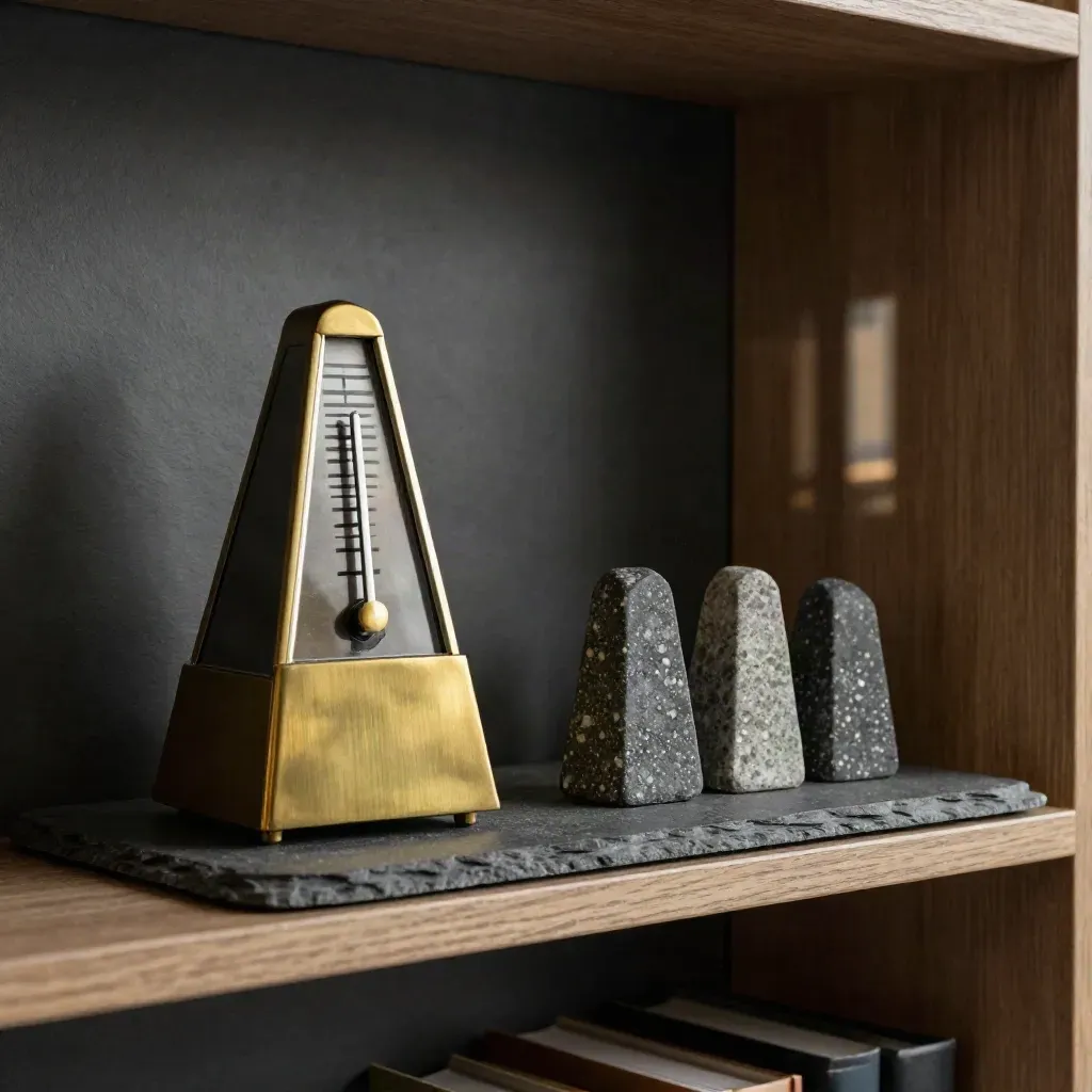 Brass metronome, desk clock, and stone markers on a slate shelf in a moody coaching alcove
