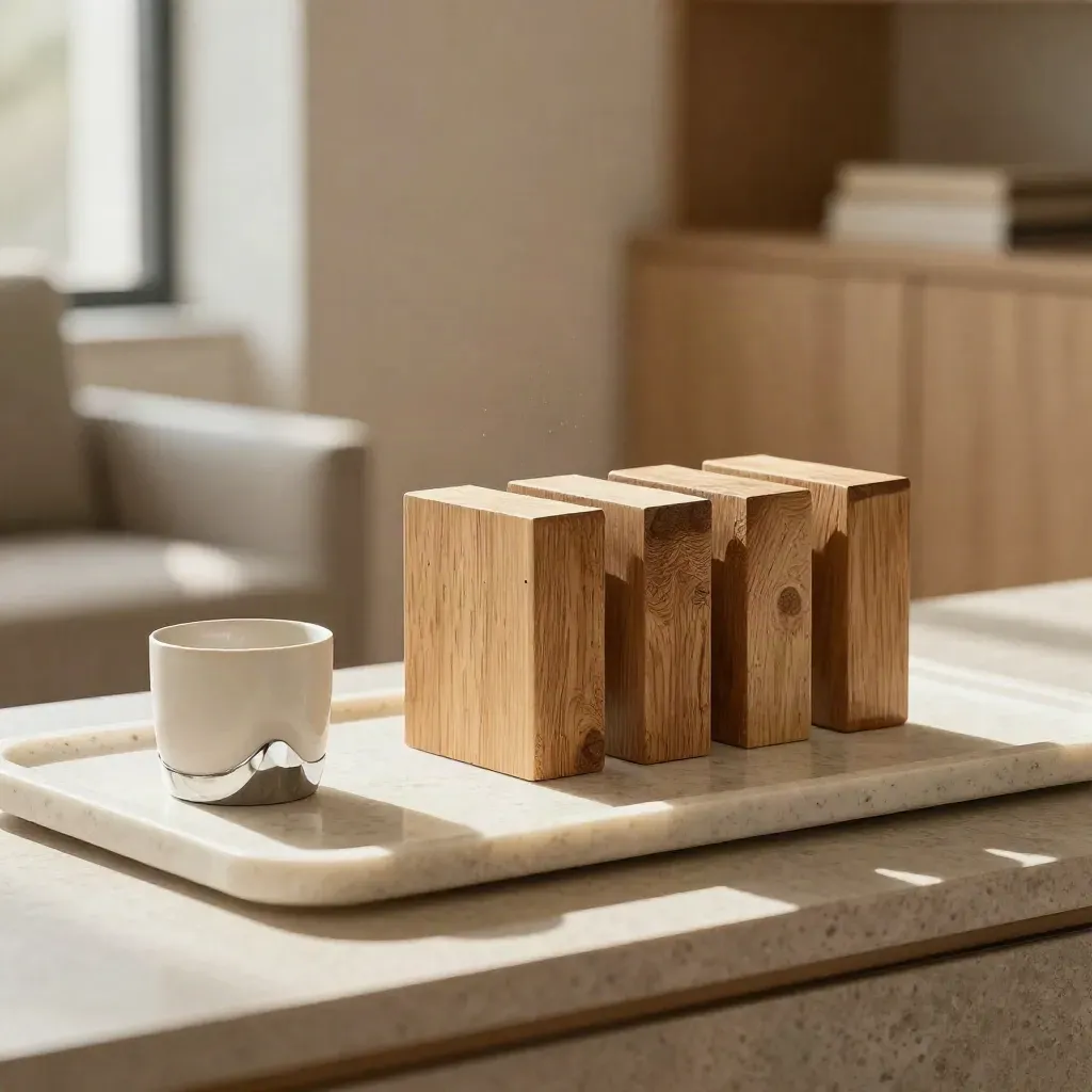 Five wooden blocks, ceramic cup and chrome paperweight on a stone tray in warm window light.