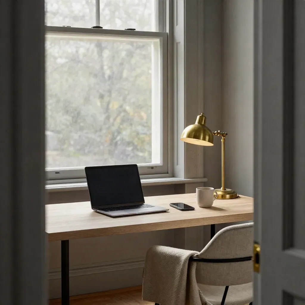 Closed coaching workspace at dusk: laptop, lamp, phone and tucked chair by a window.