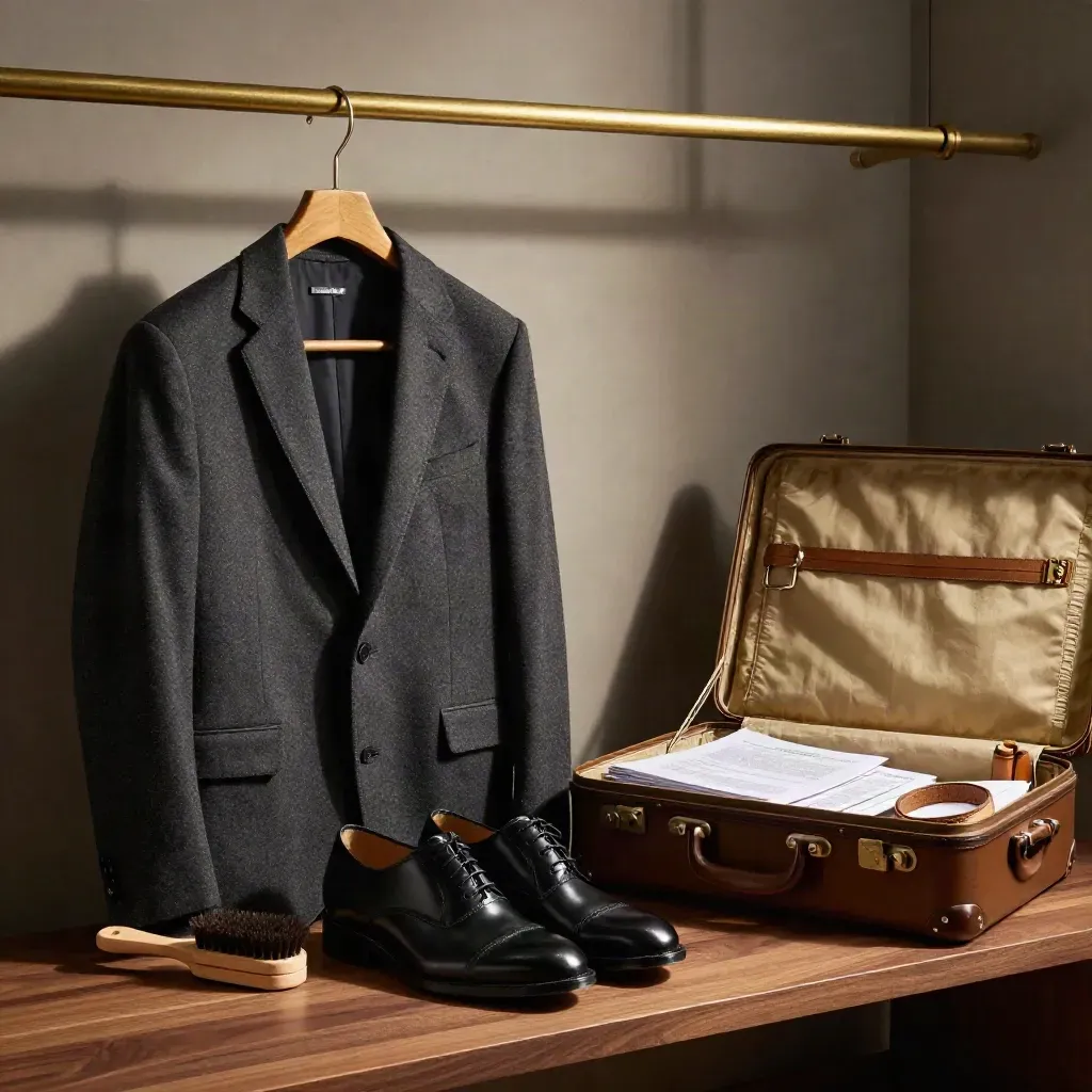Charcoal blazer, brush, polished shoes and open suitcase on a walnut bench.