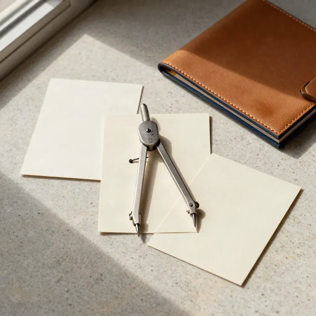 Overhead flatlay of a drafting compass, cream cards and leather folio on pale stone.