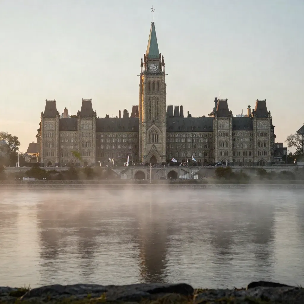 Parliament Hill over the Ottawa River in sunrise mist, wide and calm