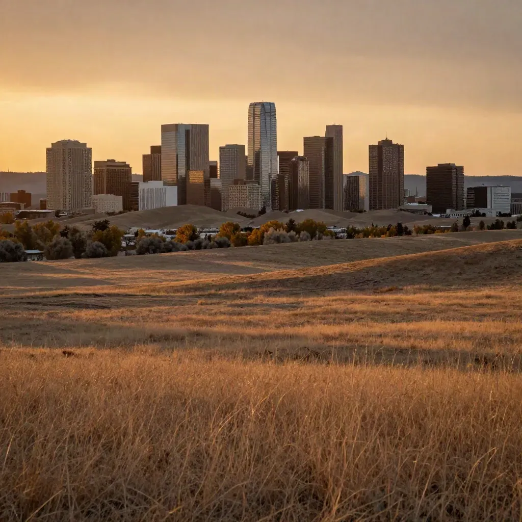 Calgary skyline above prairie at golden hour with foothills and open copy space